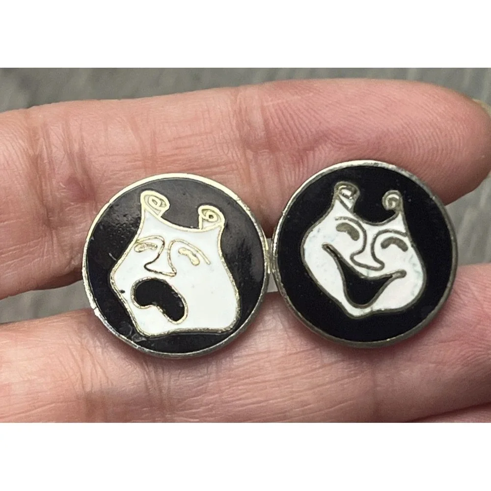 Vintage Theater Comedy Tragedy Masks Cufflinks Gold Enamel Performing Arts